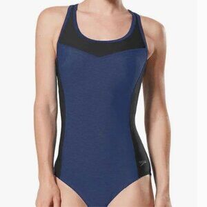 Speedo One Piece Swimsuit Keyhole Back Colorblock Blue Black Size Large